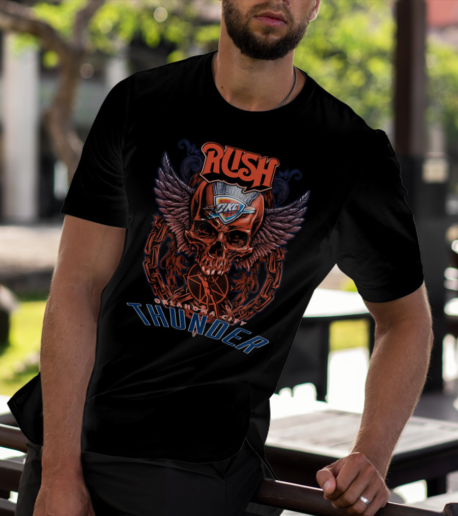 Rush Oklahoma City Thunder OKC Basketball Skull Wings Chain T-Shirt
