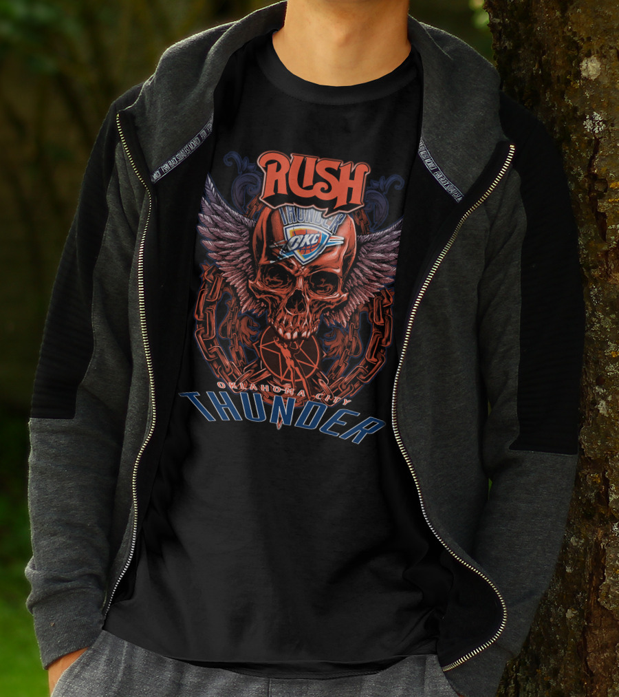 Rush Oklahoma City Thunder OKC Basketball Skull Wings Chain T-Shirt