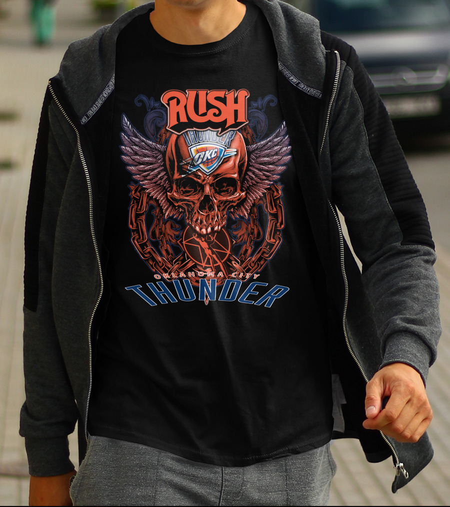 Rush Oklahoma City Thunder OKC Basketball Skull Wings Chain T-Shirt