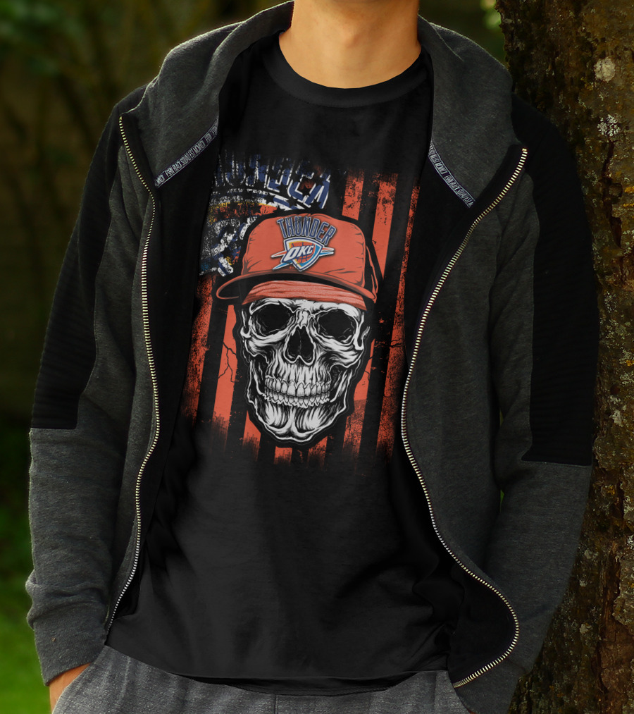Skull Wearing Oklahoma City Thunder Cap With OKC Logo On T-Shirt