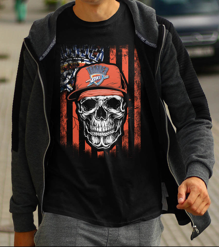 Skull Wearing Oklahoma City Thunder Cap With OKC Logo On T-Shirt