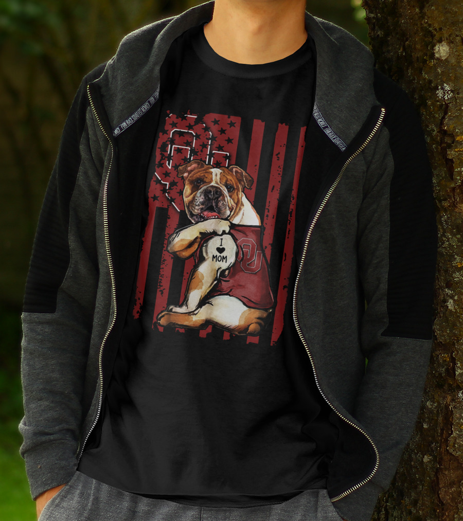 Bulldog With Oklahoma Sooners Love For Mom In American Flag T-Shirt