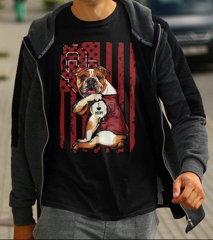 Bulldog With Oklahoma Sooners Love For Mom In American Flag T-Shirt
