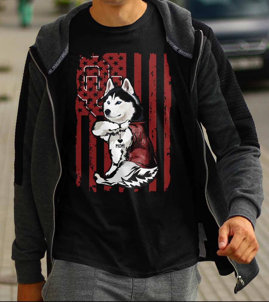 Siberian Husky Oklahoma Sooners Mom With American Flag And OU T-Shirt