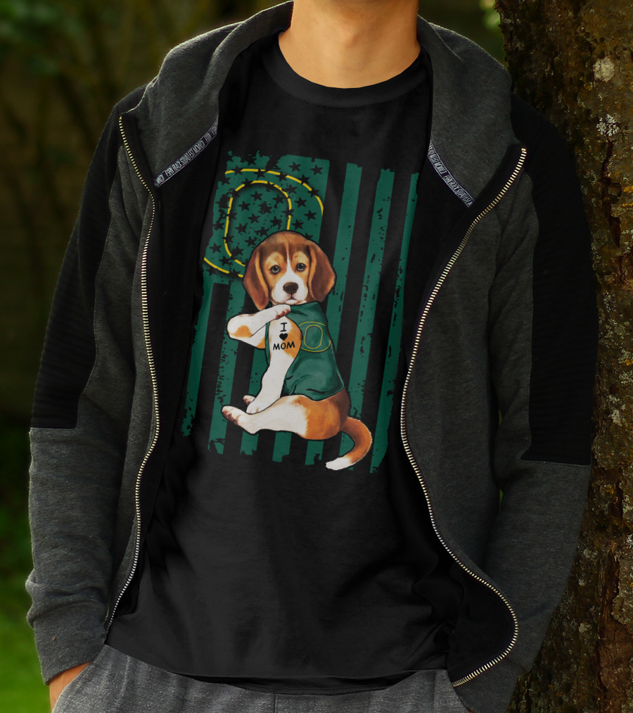 Beagle I Love Mom Oregon Ducks American Flag T-Shirt