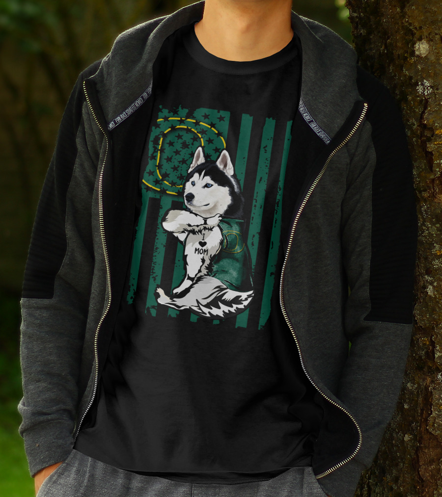 Siberian Husky Oregon Ducks I Love Mom Flag And Stars T-Shirt