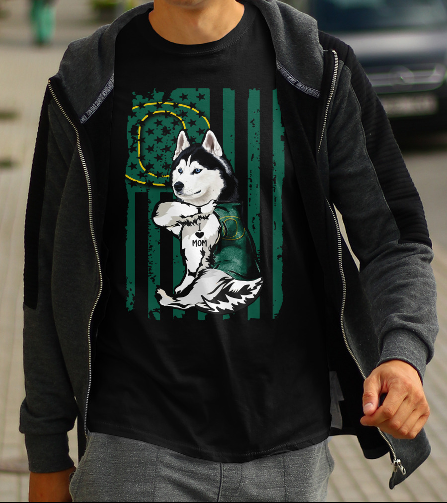 Siberian Husky Oregon Ducks I Love Mom Flag And Stars T-Shirt