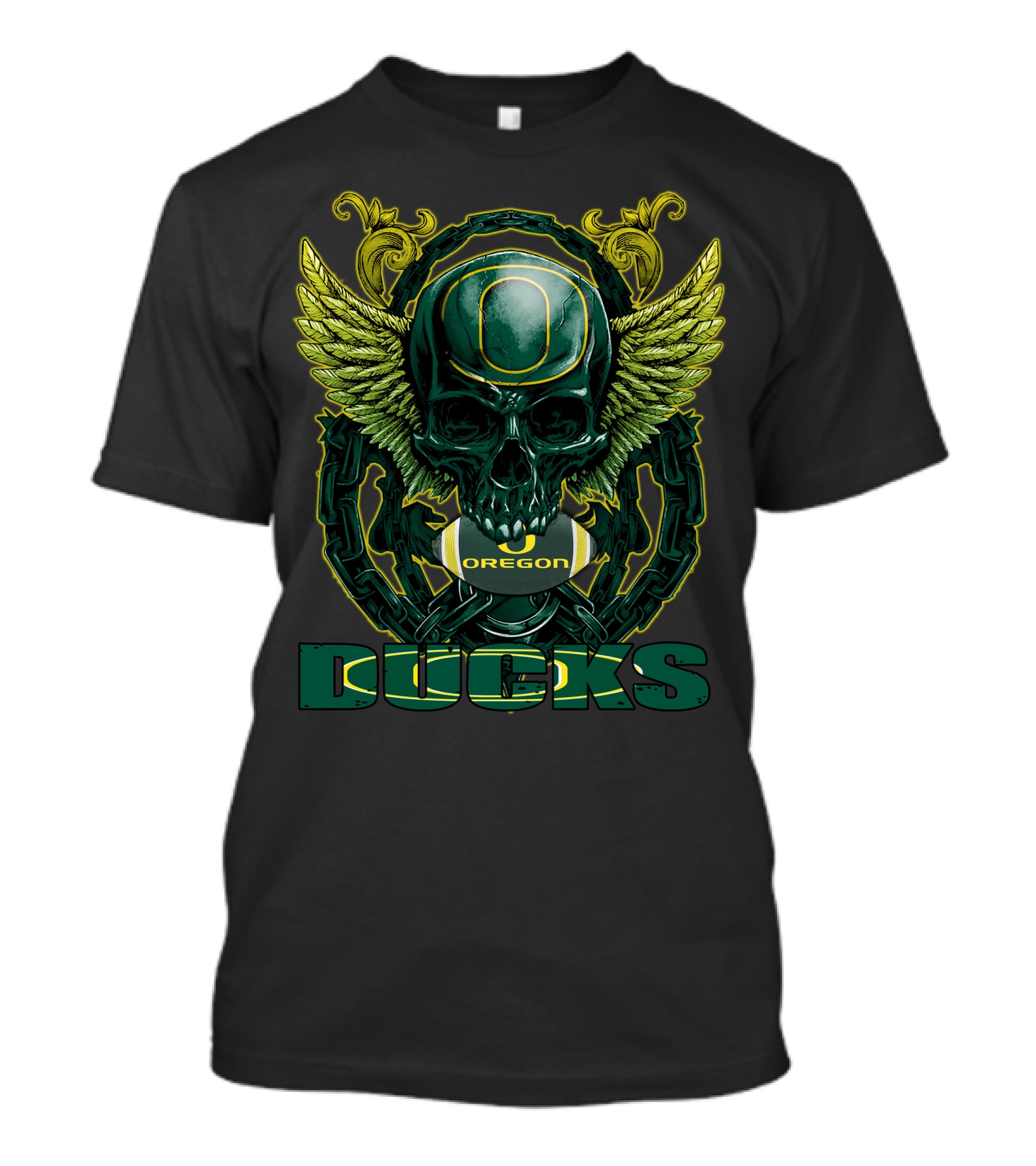 SkullFB Oregon Ducks Football Skull Design With Wings And Chains T-Shirt