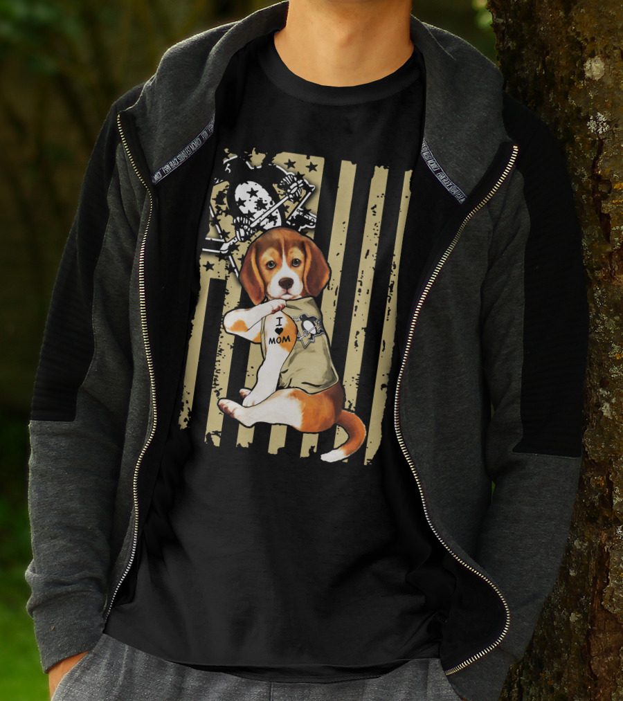 Beagle I Love Mom Pittsburgh Penguins American Flag T-Shirt