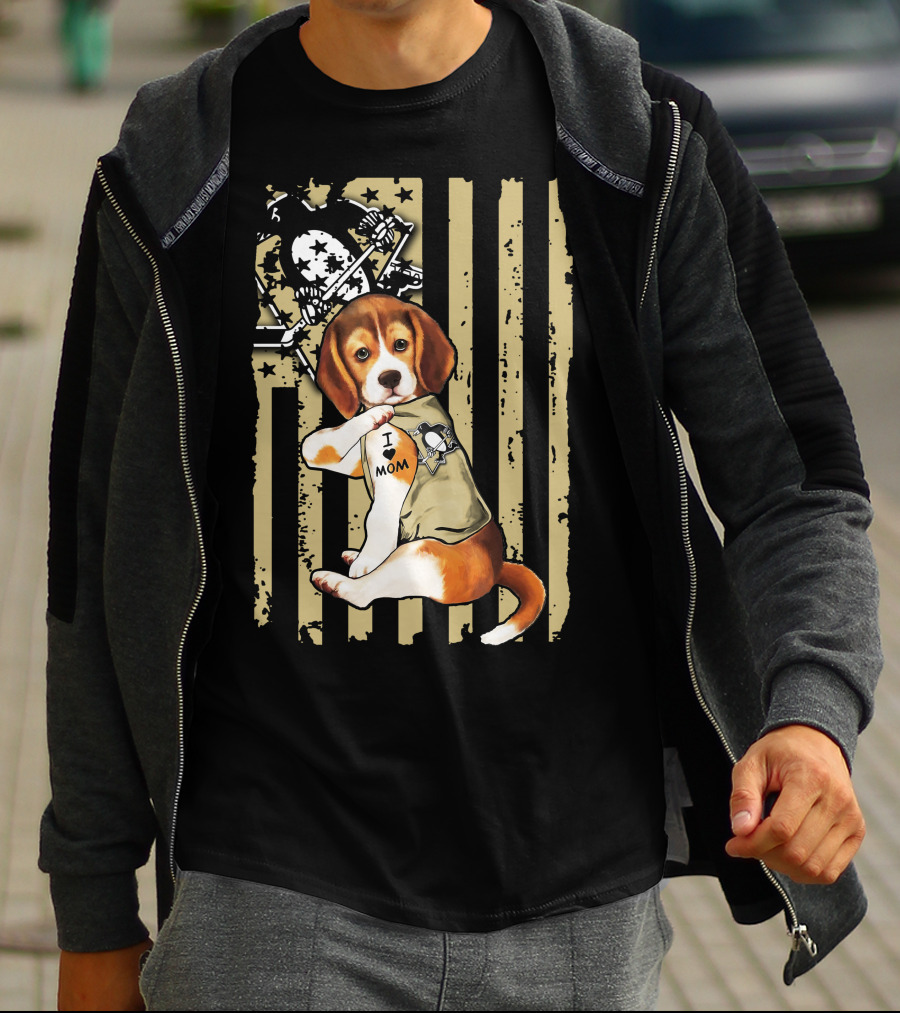 Beagle I Love Mom Pittsburgh Penguins American Flag T-Shirt