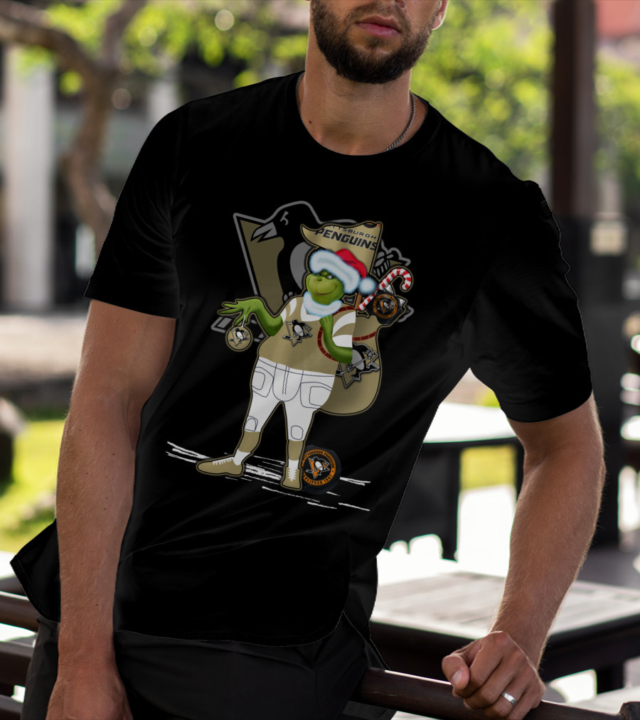 Grinchxmas Pittsburgh Penguins Holiday Mashup With Logo And Santa Hat T-Shirt