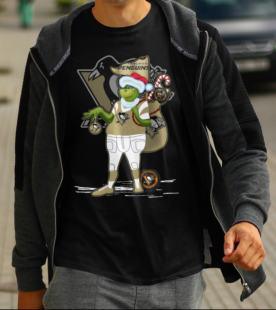 Grinchxmas Pittsburgh Penguins Holiday Mashup With Logo And Santa Hat T-Shirt