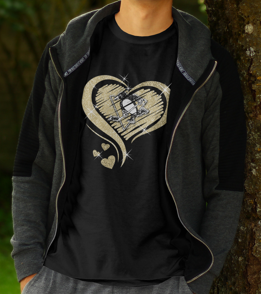 Heart Diamond Pittsburgh Penguins Logo Gold Sparkle T-Shirt