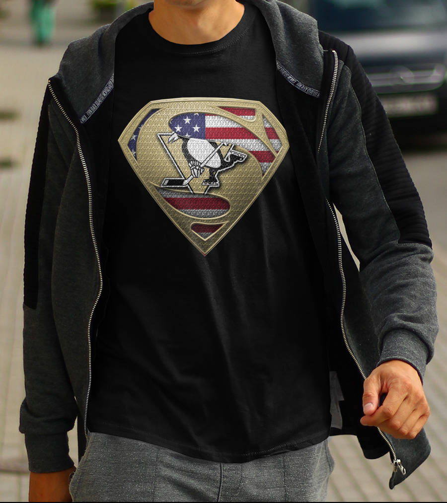 Pittsburgh Penguins American Flag Superman Shield T-Shirt