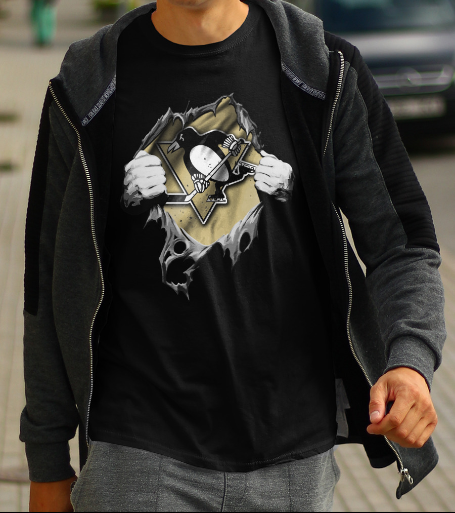Pittsburgh Penguins Torn Hockey Logo With Ripped Hands T-Shirt