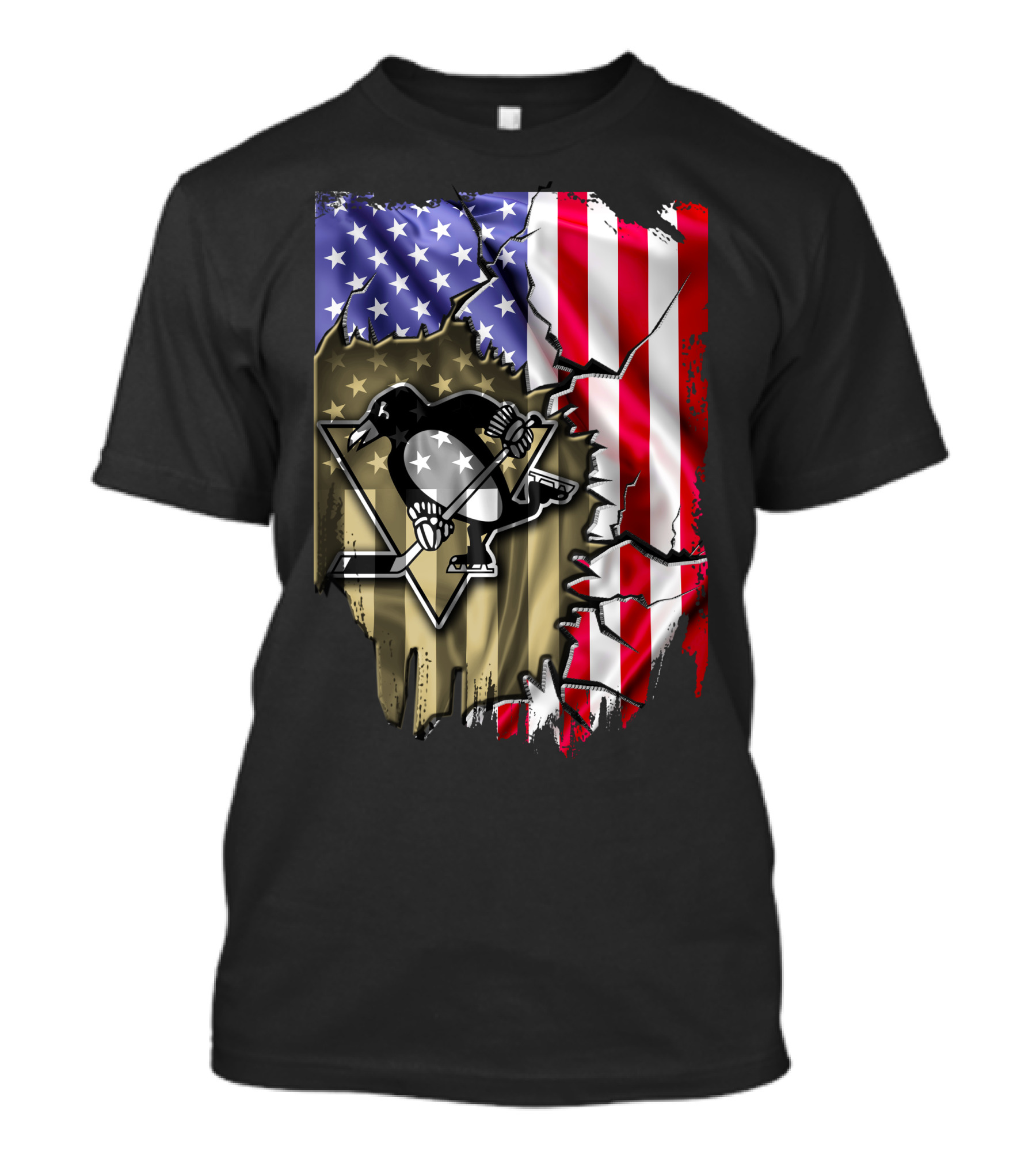 Pittsburgh Penguins American Flag Ripped Background T-Shirt