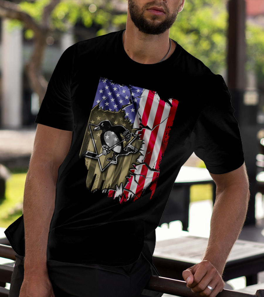 Pittsburgh Penguins American Flag Ripped Background T-Shirt