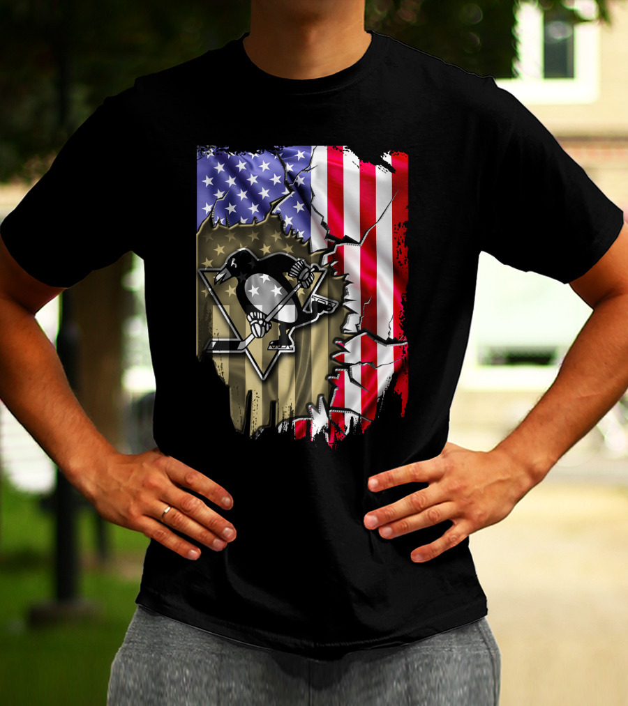 Pittsburgh Penguins American Flag Ripped Background T-Shirt