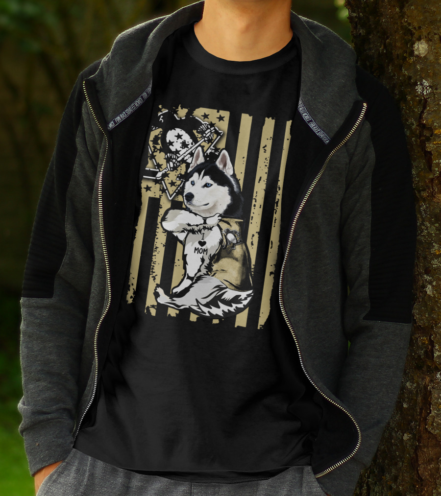 Siberian Husky I Love Mom Pittsburgh Penguins Hockey Star Flag T-Shirt