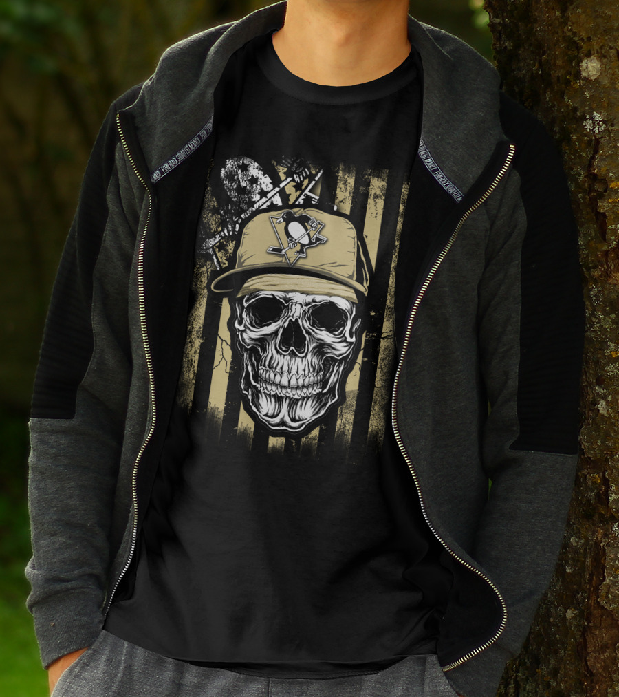 Skull Wearing Pittsburgh Penguins Logo Cap On T-Shirt