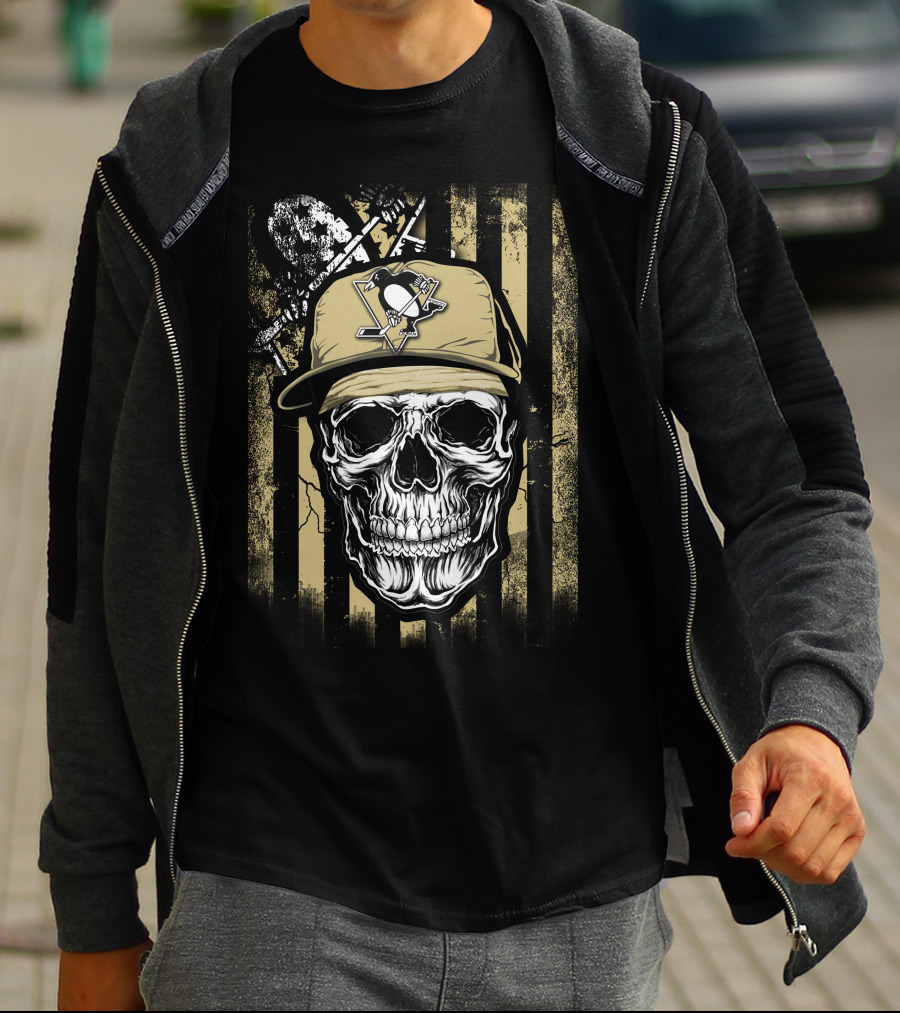 Skull Wearing Pittsburgh Penguins Logo Cap On T-Shirt