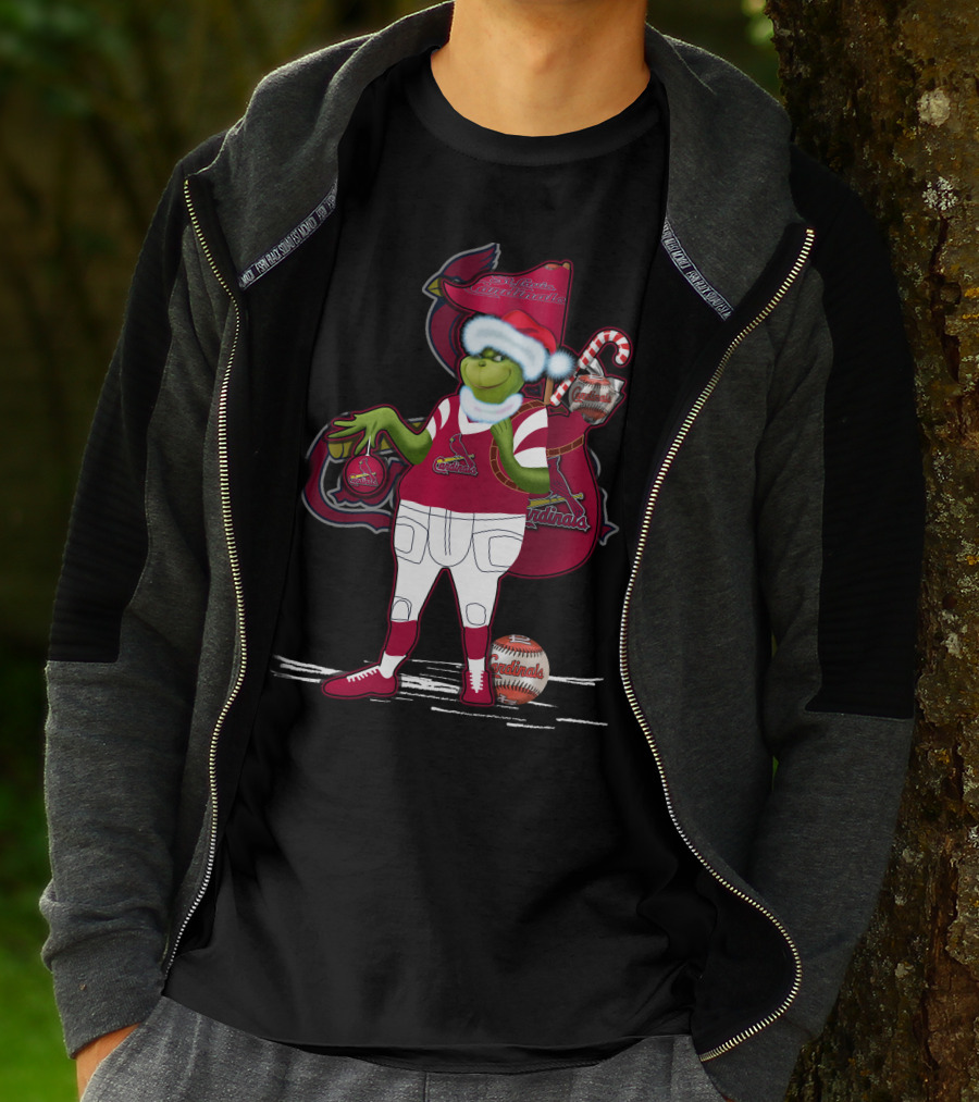 Grinchmas St. Louis Cardinals Christmas Baseball Character With Candy Cane And Baseball Gear T-Shirt