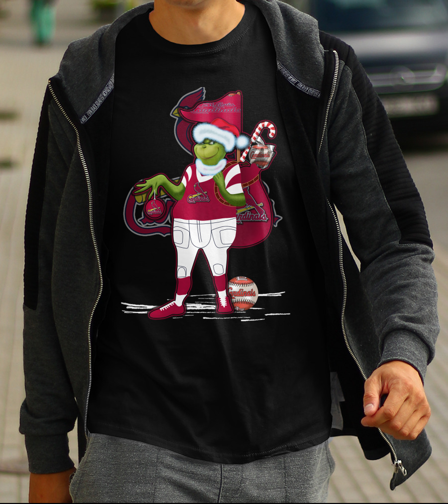 Grinchmas St. Louis Cardinals Christmas Baseball Character With Candy Cane And Baseball Gear T-Shirt