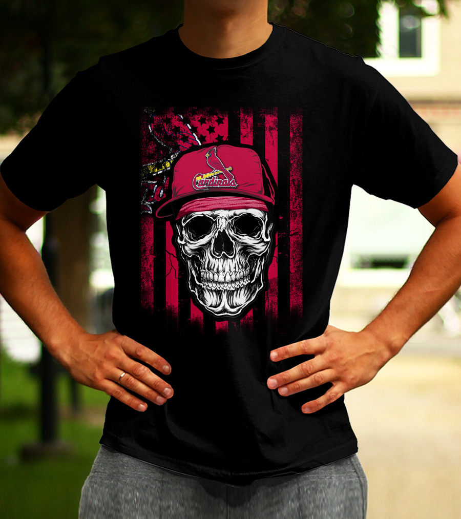 Skull St. Louis Cardinals Hat With American Flag Background T-Shirt