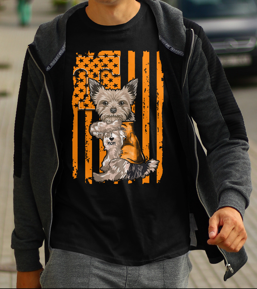 Yorkshire Terrier I Love Mom Tennessee Volunteers Orange Stars And Stripes Football Flag T-Shirt