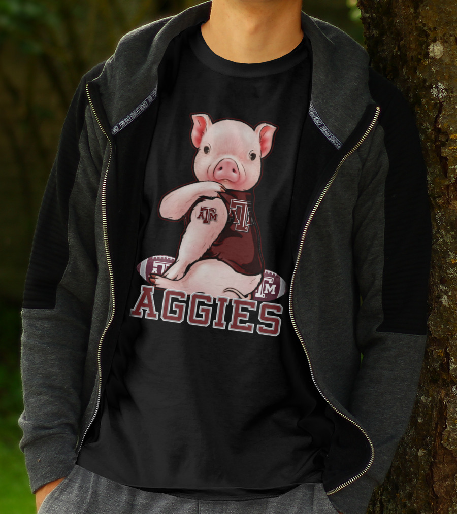 Pig Wearing Texas A&M Aggies Logo Sitting On Aggies Football T-Shirt