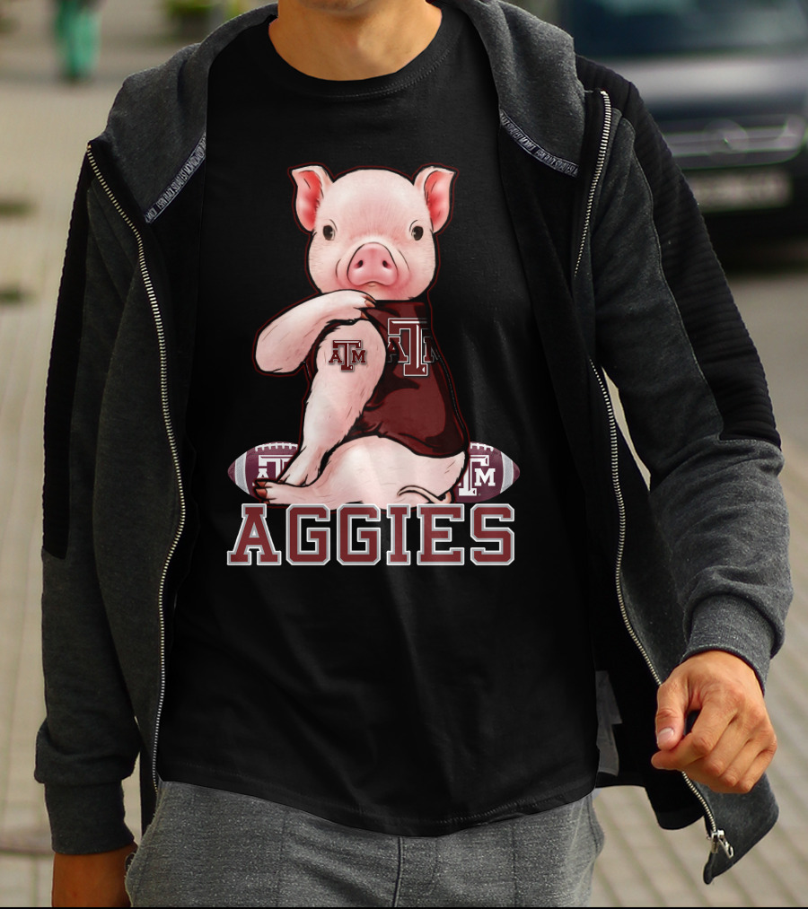 Pig Wearing Texas A&M Aggies Logo Sitting On Aggies Football T-Shirt