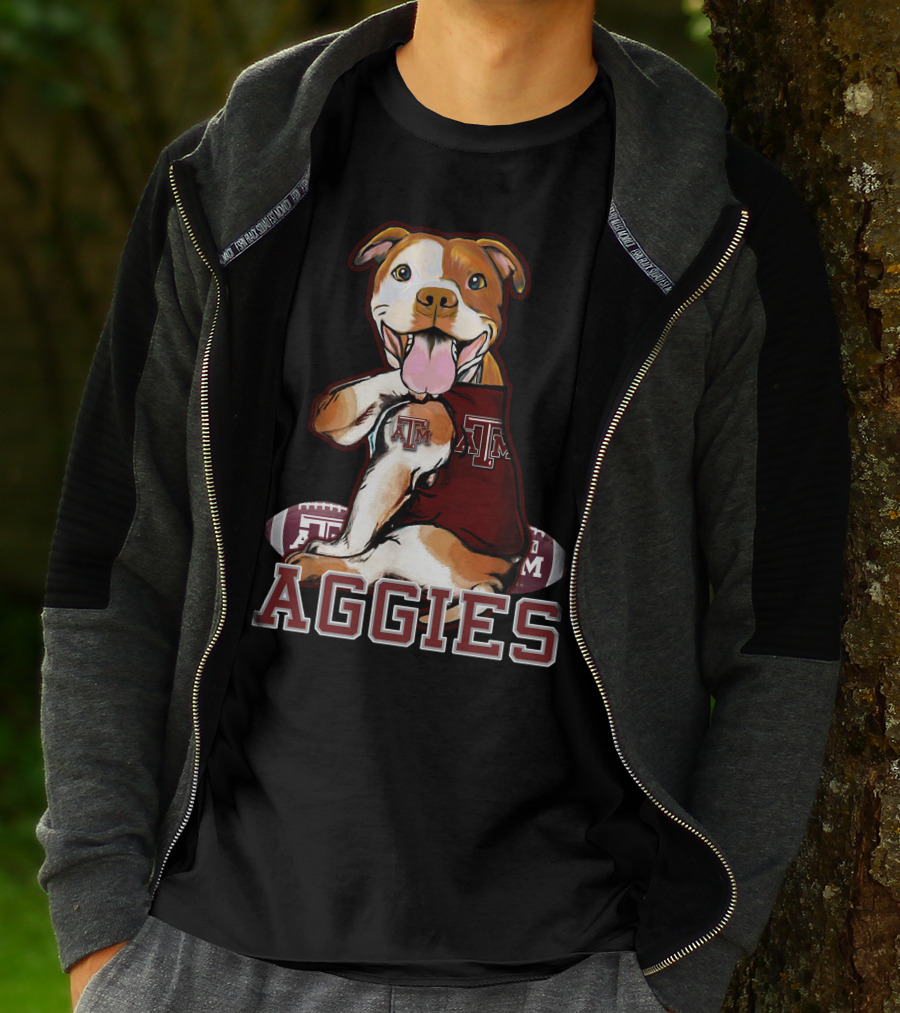 Pitbull Wearing Texas A&M Aggies Logo With Football T-Shirt