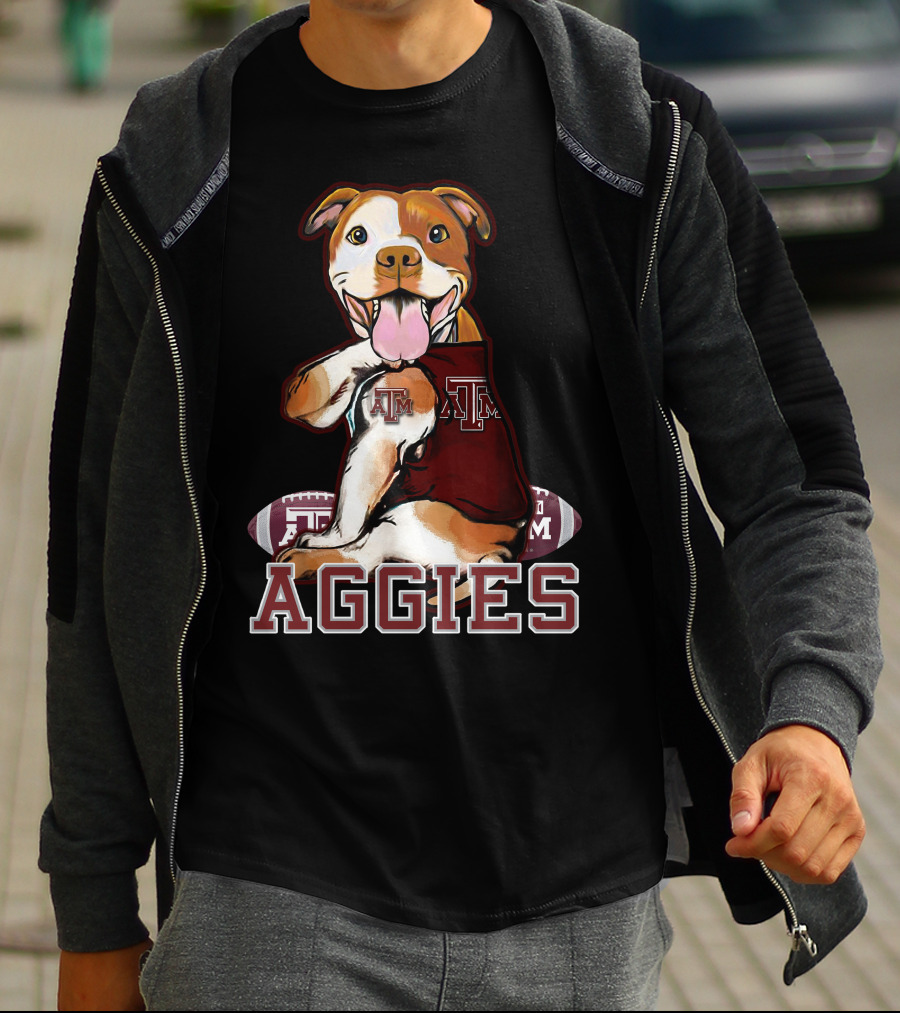 Pitbull Wearing Texas A&M Aggies Logo With Football T-Shirt