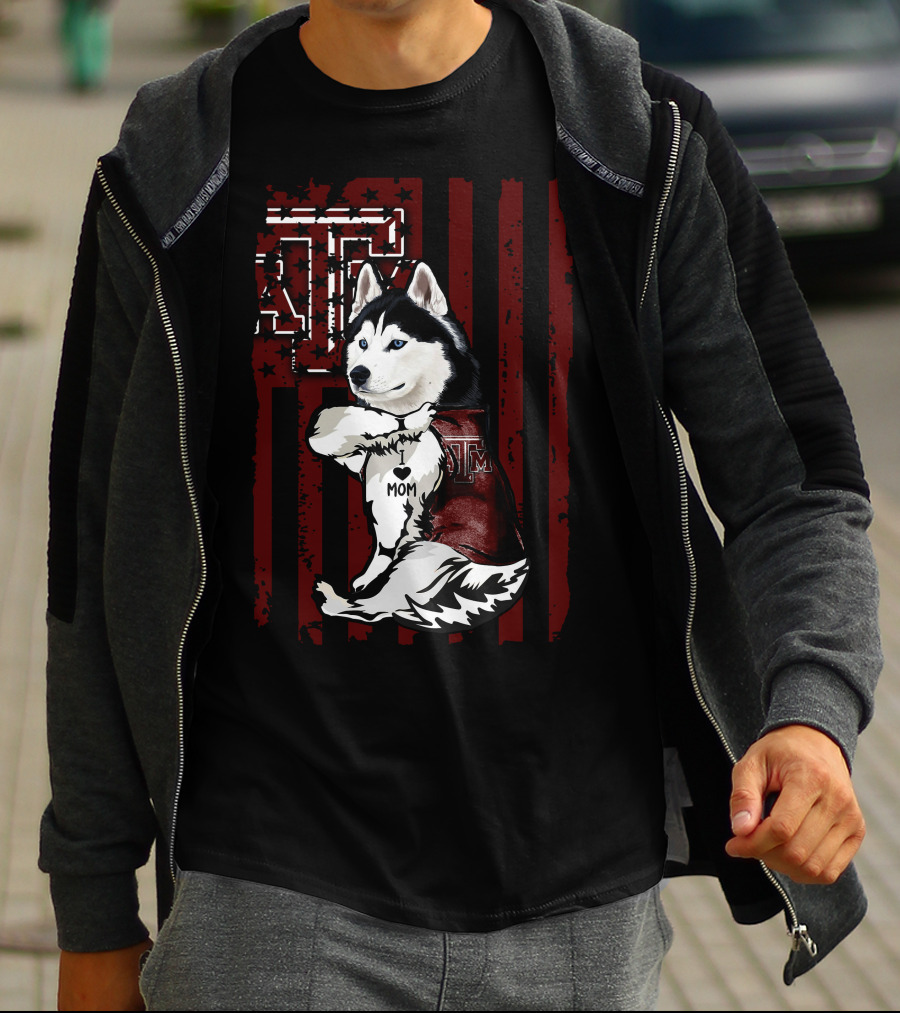Siberian Husky Texas A&M Aggies Mom American Flag T-Shirt