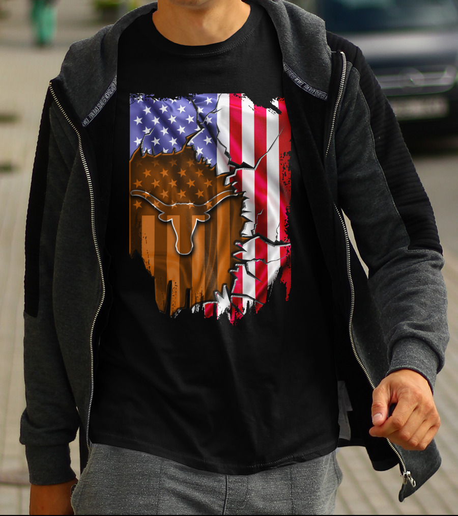 Texas Longhorns American Flag Tear T-Shirt