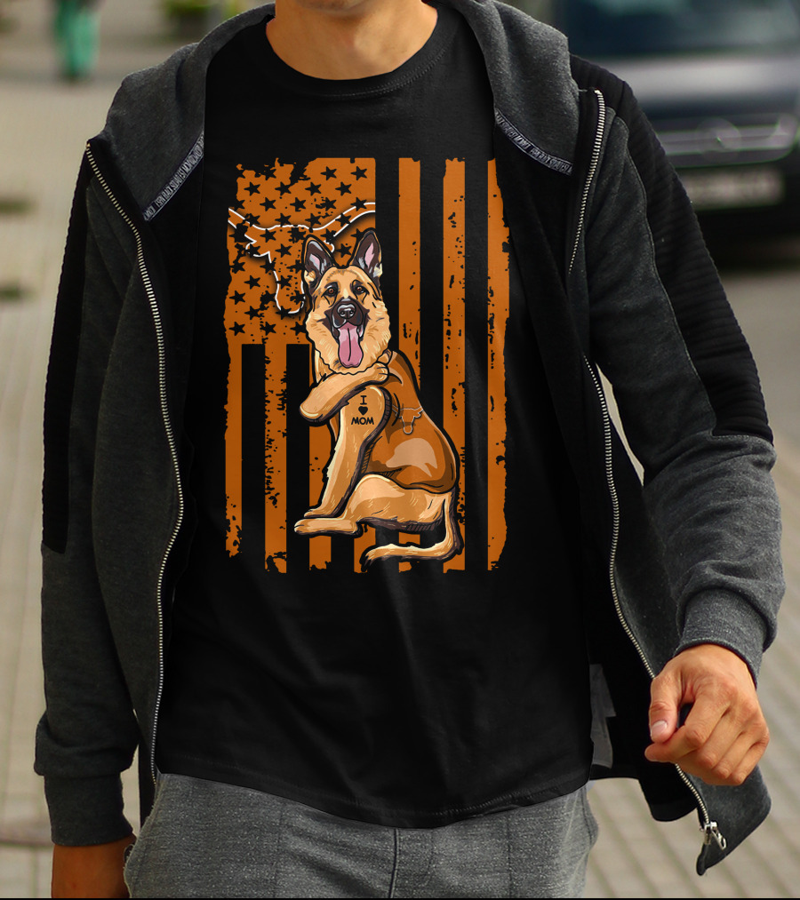 German Shepherd I Love Mom Texas Longhorns American Flag T-Shirt