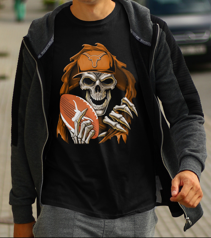 Texas Longhorns Skull With Football And Cap T-Shirt