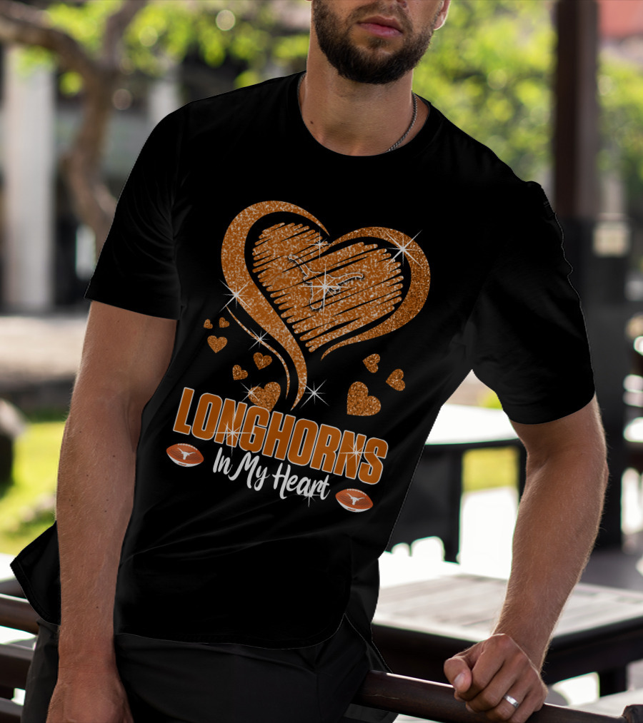 Longhorns In My Heart Glittering Orange With Football Icons T-Shirt