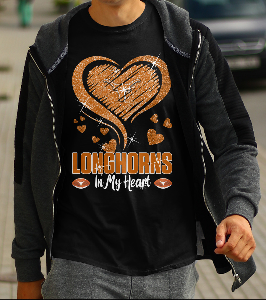 Longhorns In My Heart Glittering Orange With Football Icons T-Shirt