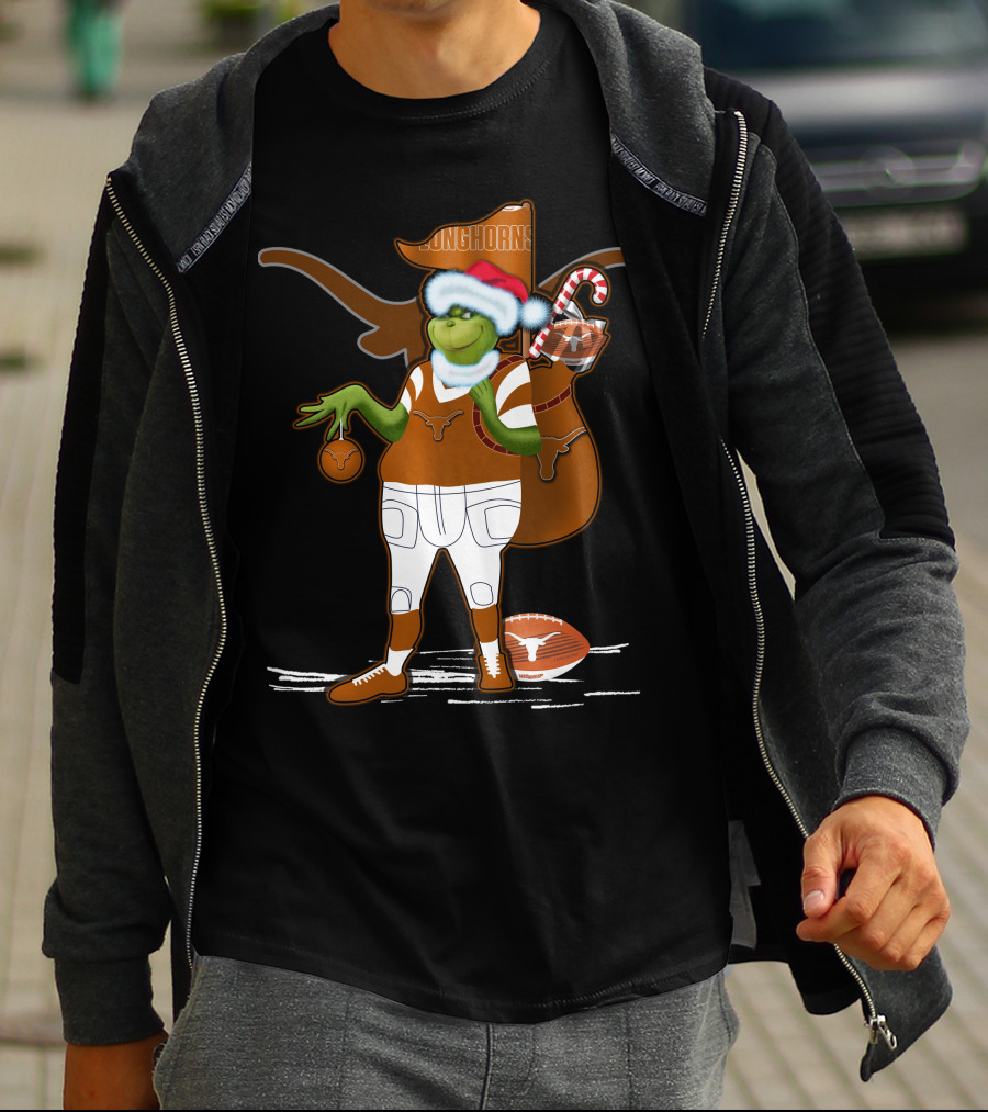 Grinchxmas Longhorns Santa Hat Football Candy Cane T-Shirt