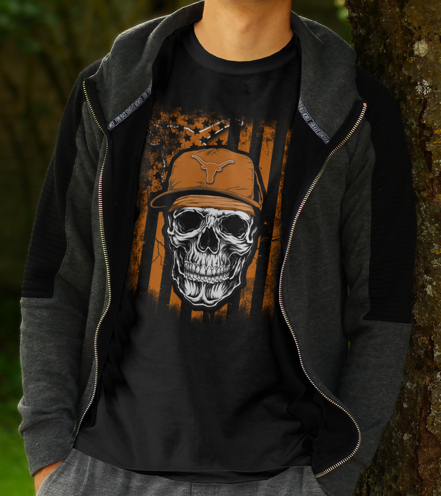 Skull Texas Longhorns Orange Hat Grunge Flag T-Shirt