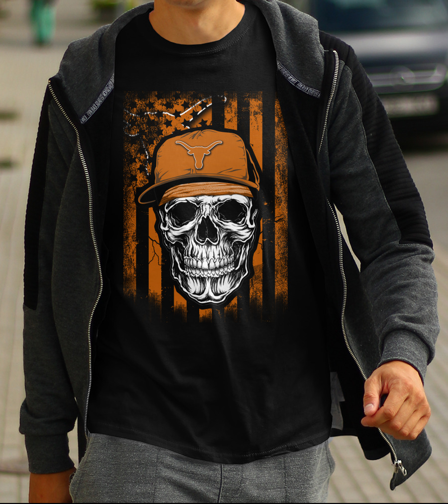 Skull Texas Longhorns Orange Hat Grunge Flag T-Shirt