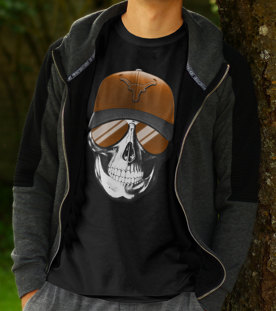 Skull With Texas Longhorns Cap And Sunglasses T-Shirt