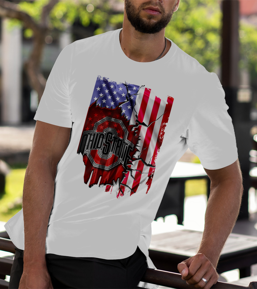 Ohio State Buckeyes Logo With Torn American Flag Background T-Shirt