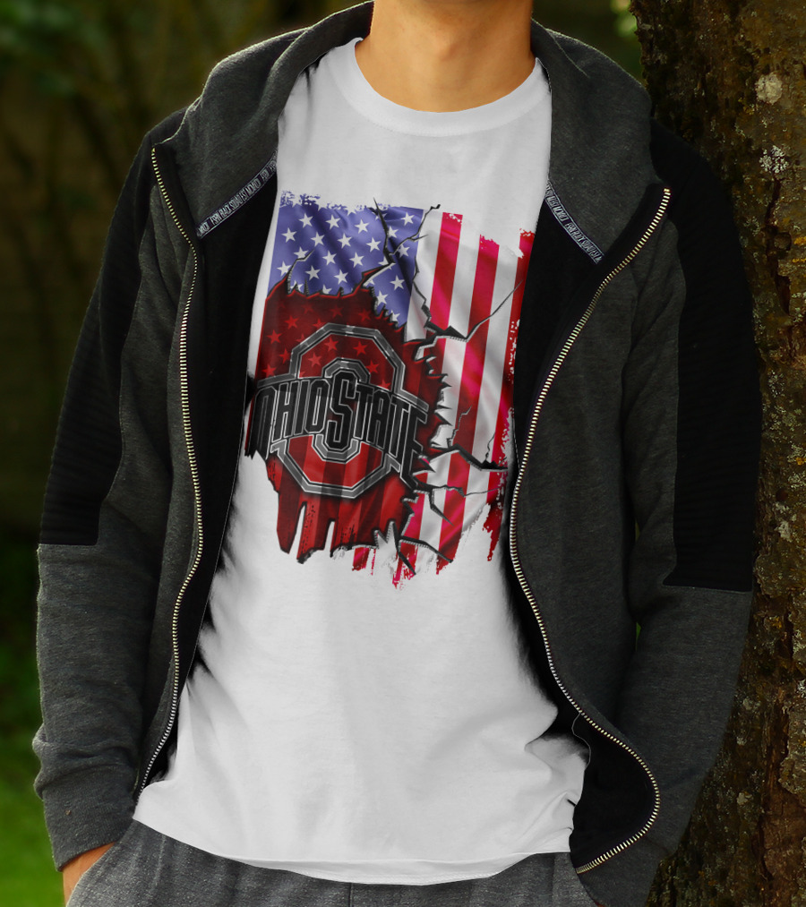 Ohio State Buckeyes Logo With Torn American Flag Background T-Shirt