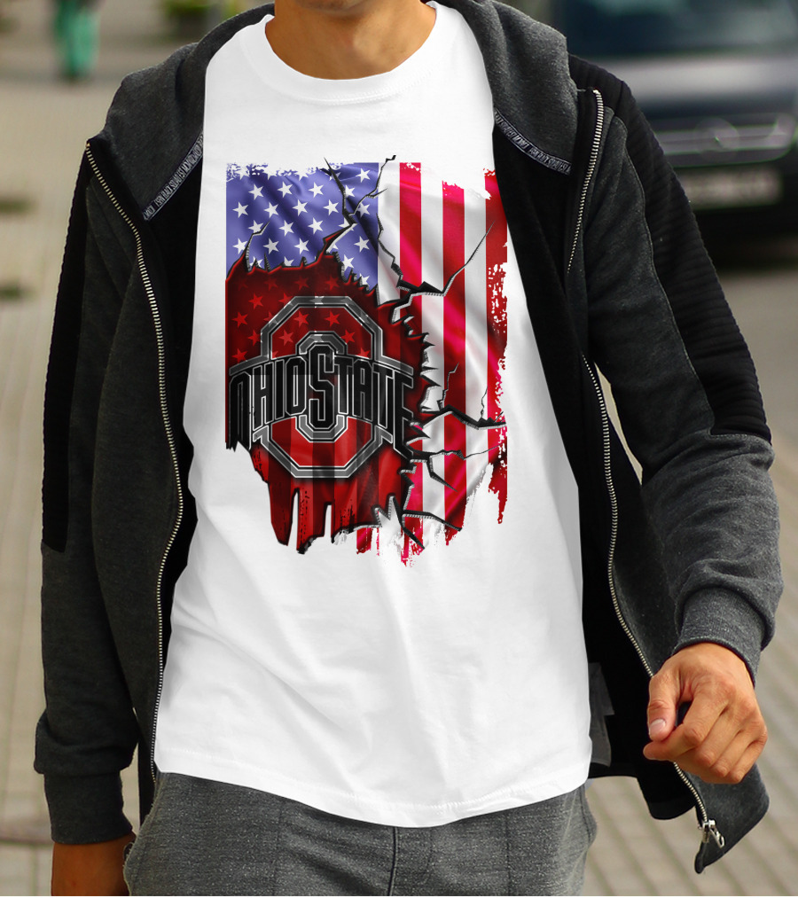 Ohio State Buckeyes Logo With Torn American Flag Background T-Shirt
