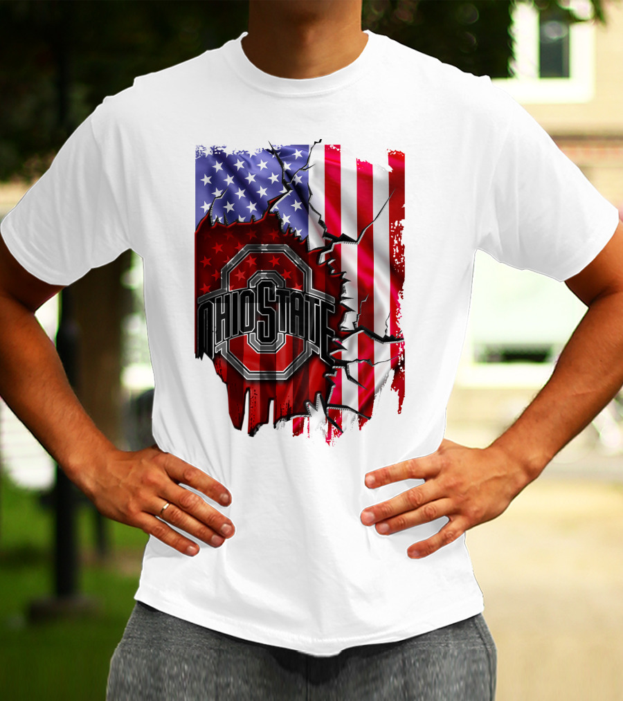 Ohio State Buckeyes Logo With Torn American Flag Background T-Shirt