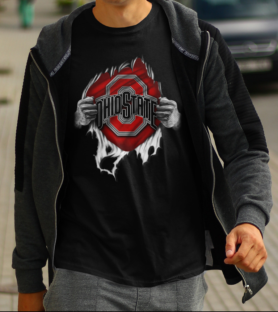 Torn Ohio State Buckeyes Logo With Hands Ripping Through Background T-Shirt