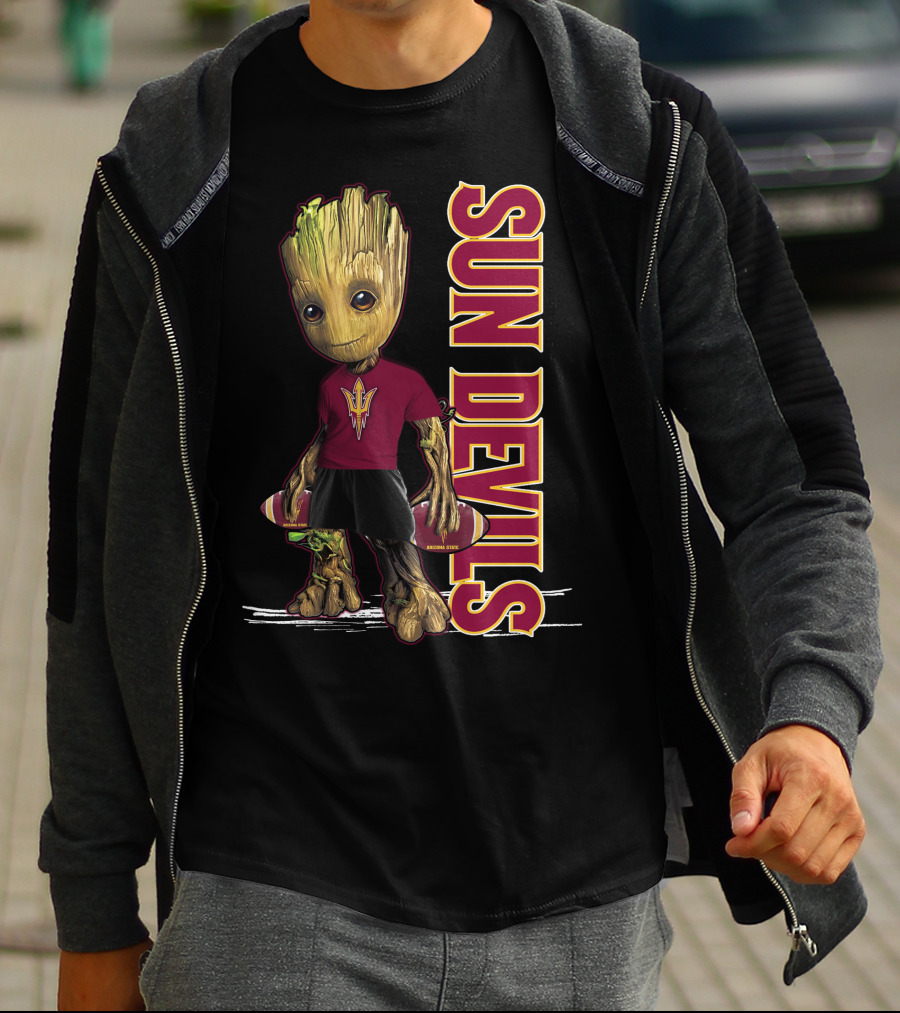 Groot Sun Devils Football Character In Maroon And Gold Team T-Shirt