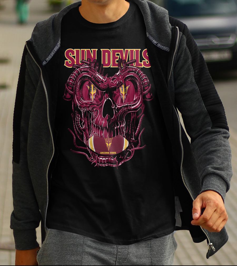 Arizona State Sun Devils Skull With Football Motif T-Shirt